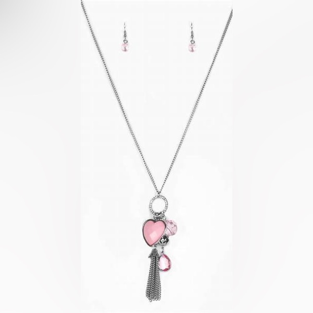 Long pink heart charm necklace*